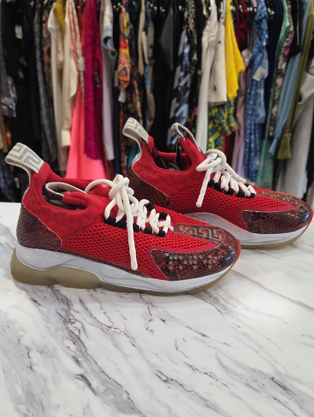 Versace Red Mesh & Snake-Print Women's Sneakers - Picture 1 of 13